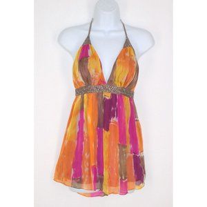 MM Couture by Miss Me Halter Tank Top S Pink Orange Lined Empire Waist